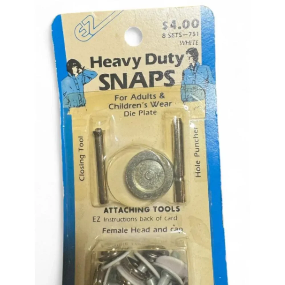 Vtg EZ Heavy Duty Snap Fasteners Set with Tools – 8 Sets White